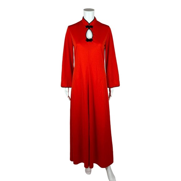Vintage 70s Maxi Dress Women's Medium Red Cheongsam Bell Sleeves Frog Closures - Picture 1 of 10